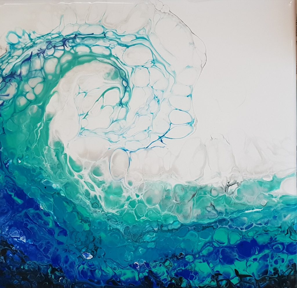Acrylmalerei einer dynamischen Meereswelle in Blau und Türkis